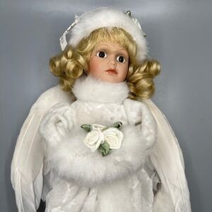 Angel‎ Doll White Porcelain Blonde Hair Wings Christmas Decoration Display